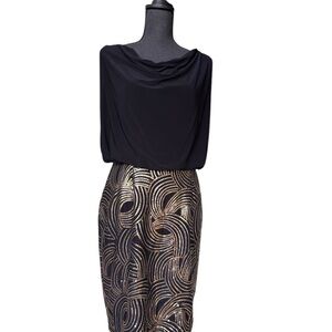 Chetta B Elegant Black and Gold Patterned Blouson CHiffon Geometric Sheath Dress